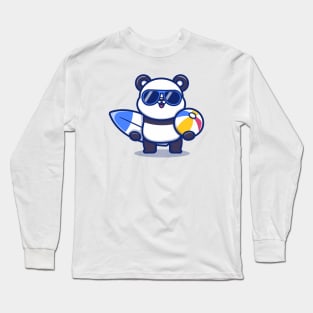 Cute Panda Holding Surfboard And Summer Ball Long Sleeve T-Shirt